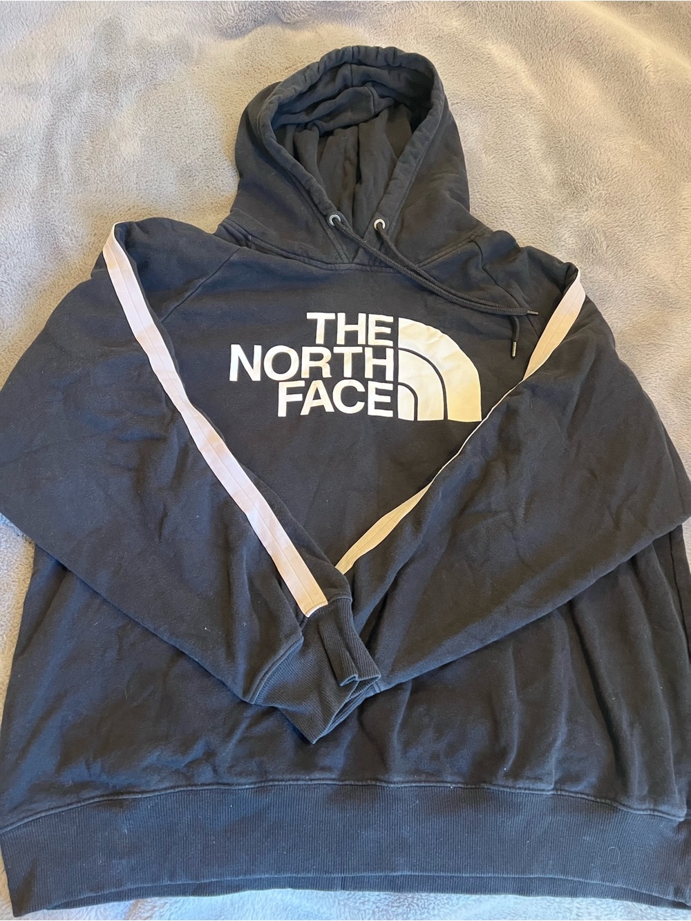 The North Face Men’s Black Crewneck Hoodie with Cream Logo & Sleeve Stripes
